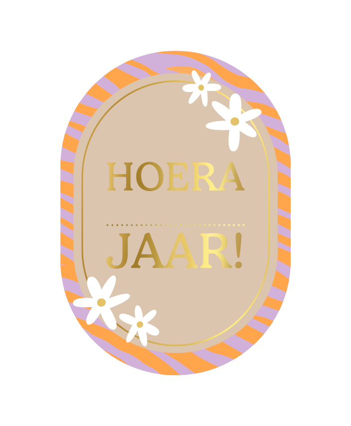 Wenskaart ovaal Hoera ... jaar (bloemen)