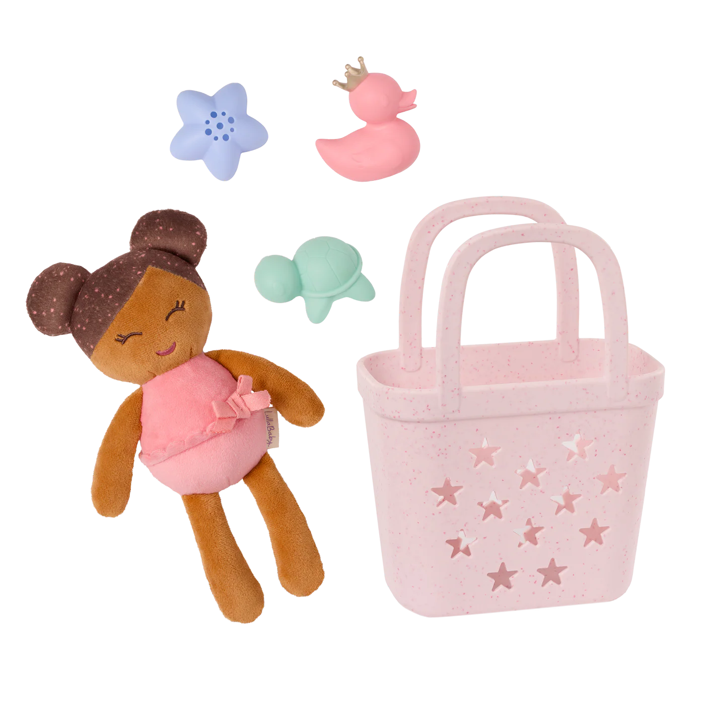 Lullababy Badpop meisje met roze mandje en accessoires - donker haar (PRE-ORDER EIND JUNI)