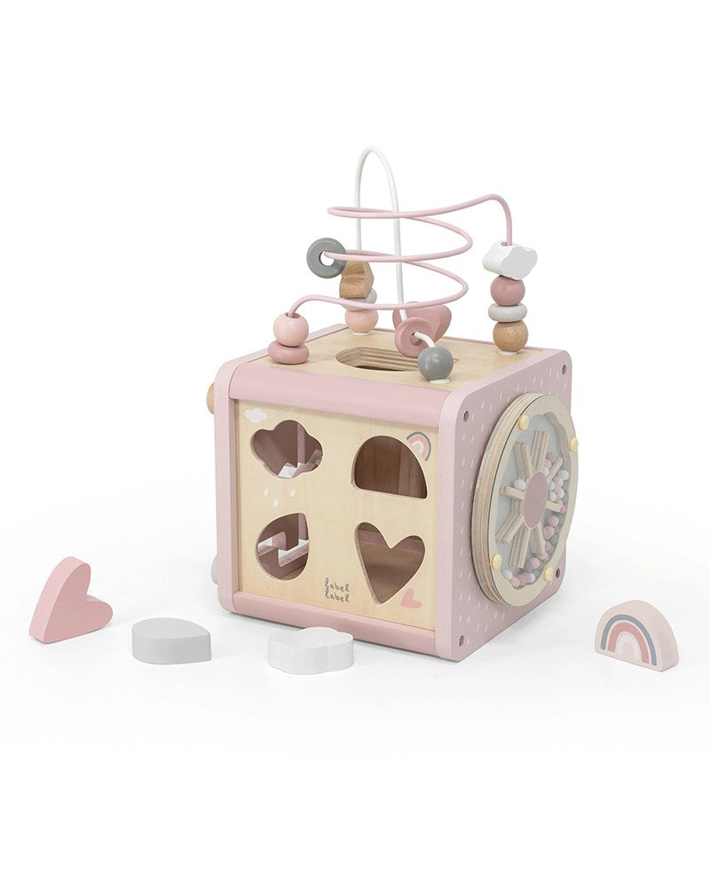 Houten Activiteitenkubus (verkrijgbaar in olijfgroen, roze, beige en blauw) | Label Label