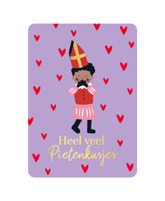 Wenskaart Sinterklaas - heel veel pietenkusjes (paars)