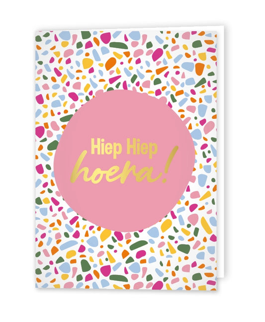 Wenskaart Hiep hiep hoera (terrazzo roze)