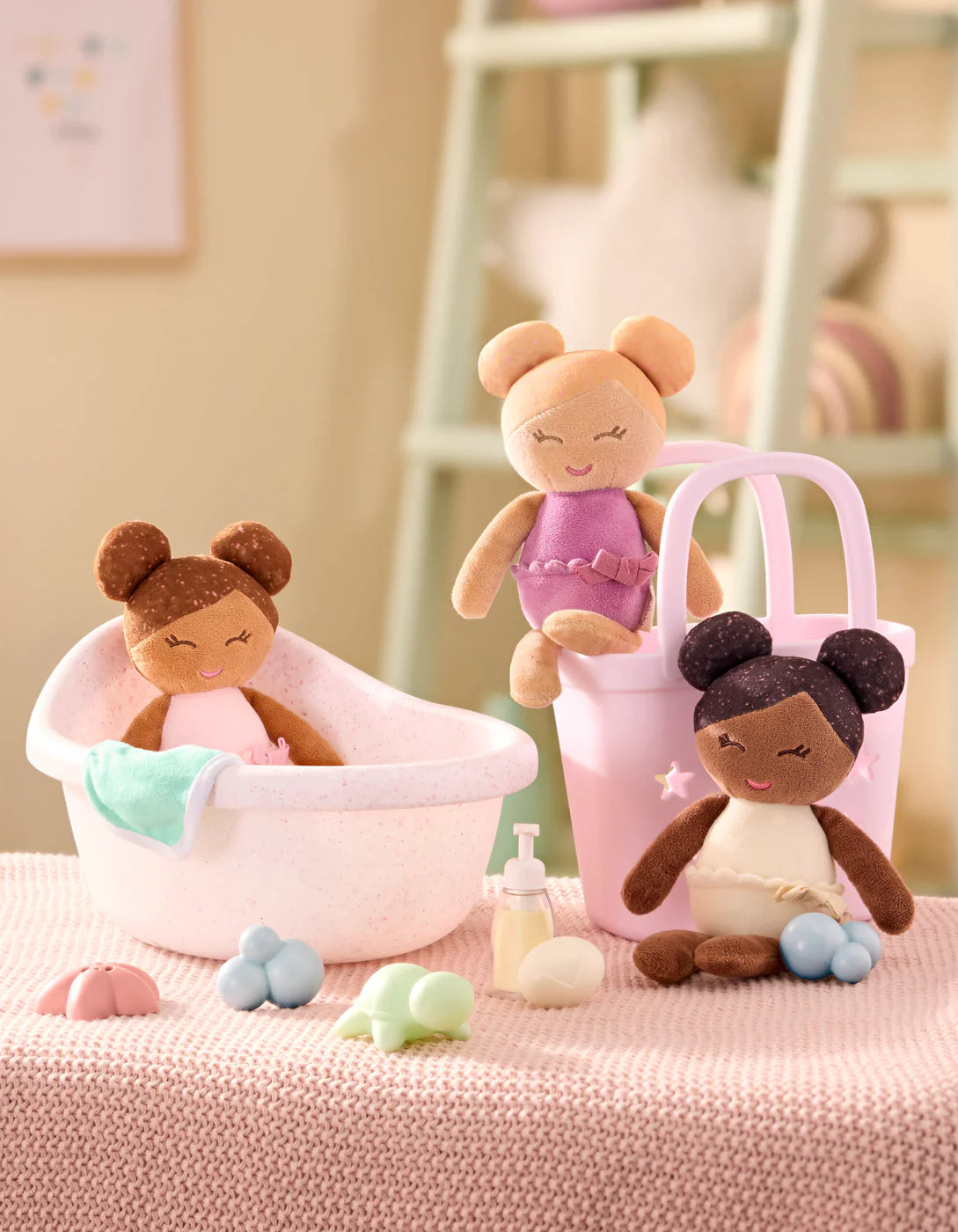 Lullababy Badpoppen 3 meisjes in roze mandje (PRE-ORDER EIND JUNI)