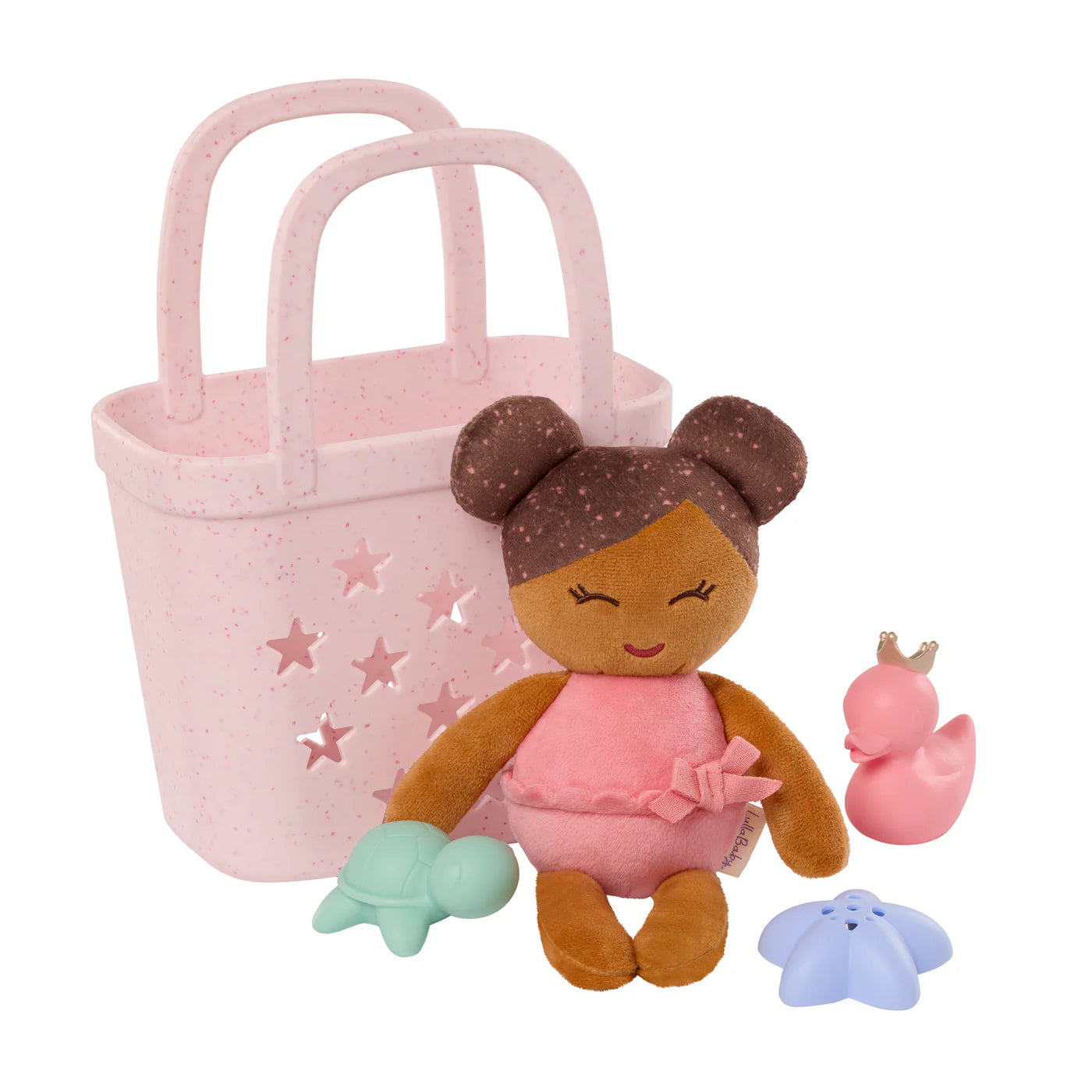Lullababy Badpop meisje met roze mandje en accessoires - donker haar (PRE-ORDER EIND JUNI)