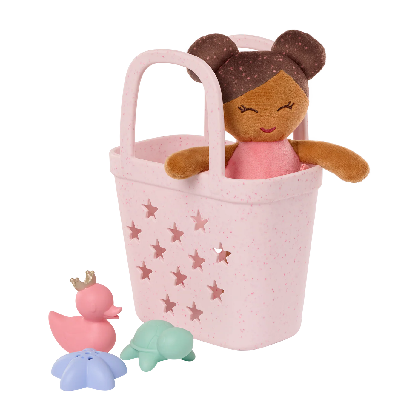 Lullababy Badpop meisje met roze mandje en accessoires - donker haar (PRE-ORDER EIND JUNI)