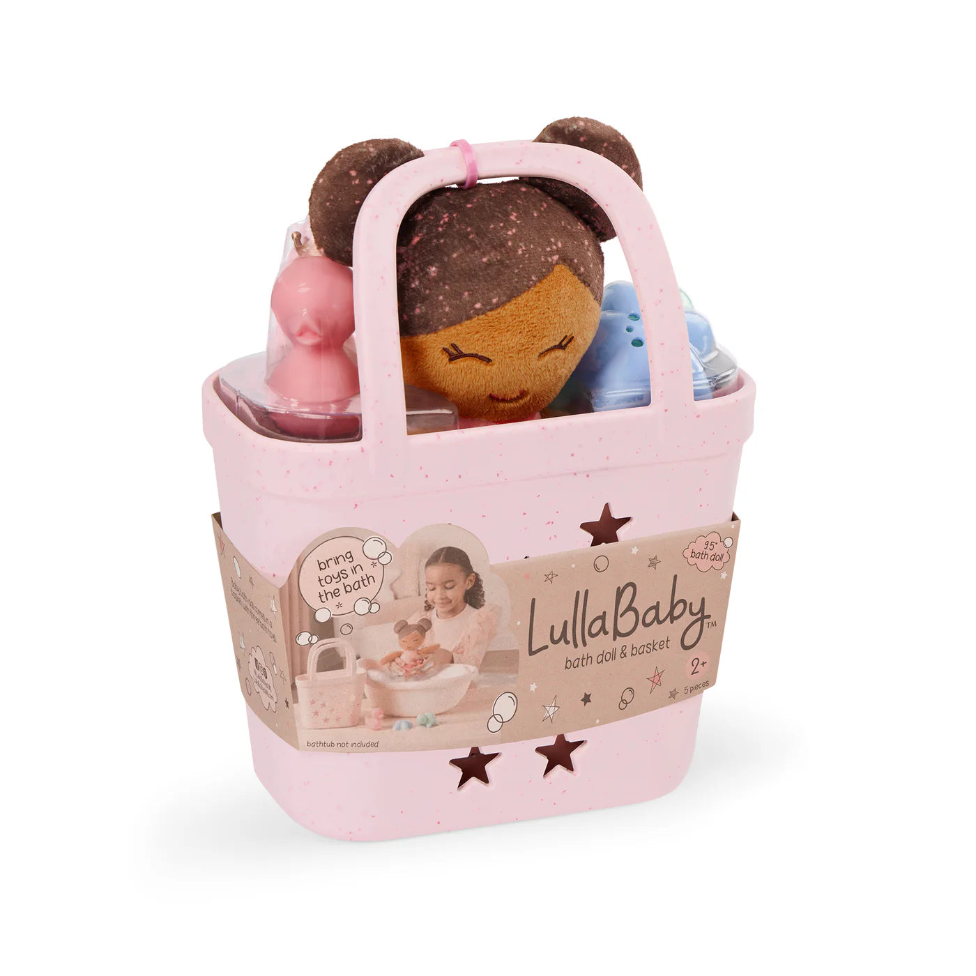 Lullababy Badpop meisje met roze mandje en accessoires - donker haar (PRE-ORDER EIND JUNI)