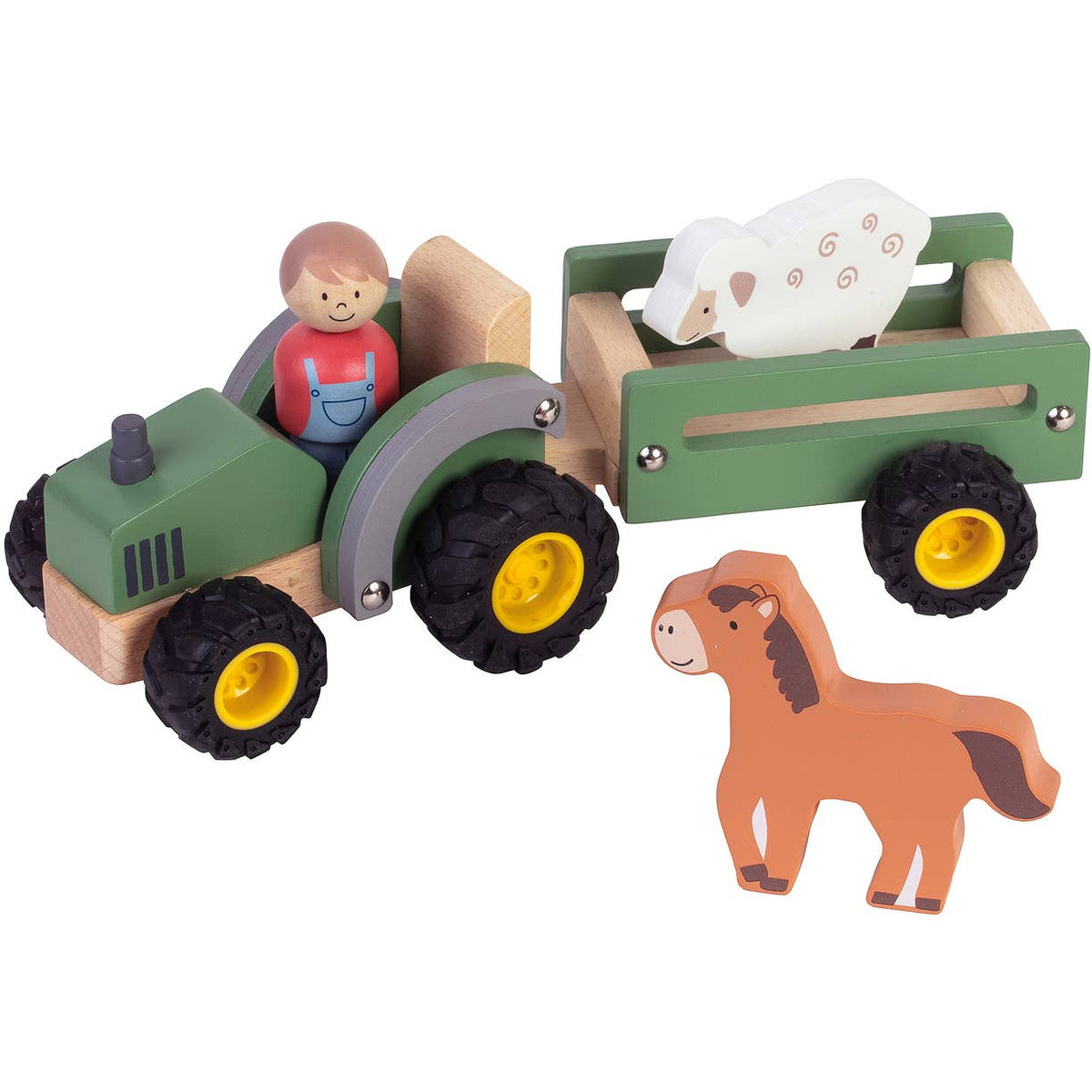 Houten tractor met dierenaanhangwagen - 2 varianten