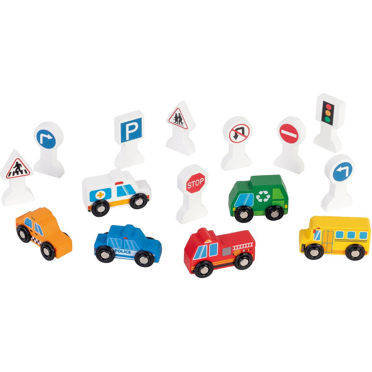 Set van 6 houten auto's met accessoires