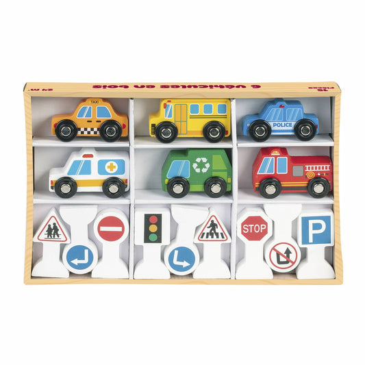 Set van 6 houten auto's met accessoires